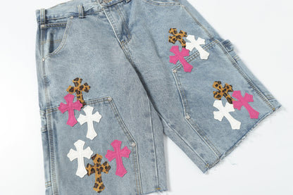 Chrome Hearts Vintage Cross Patchwork Washed Carpenter Denim Shorts 201