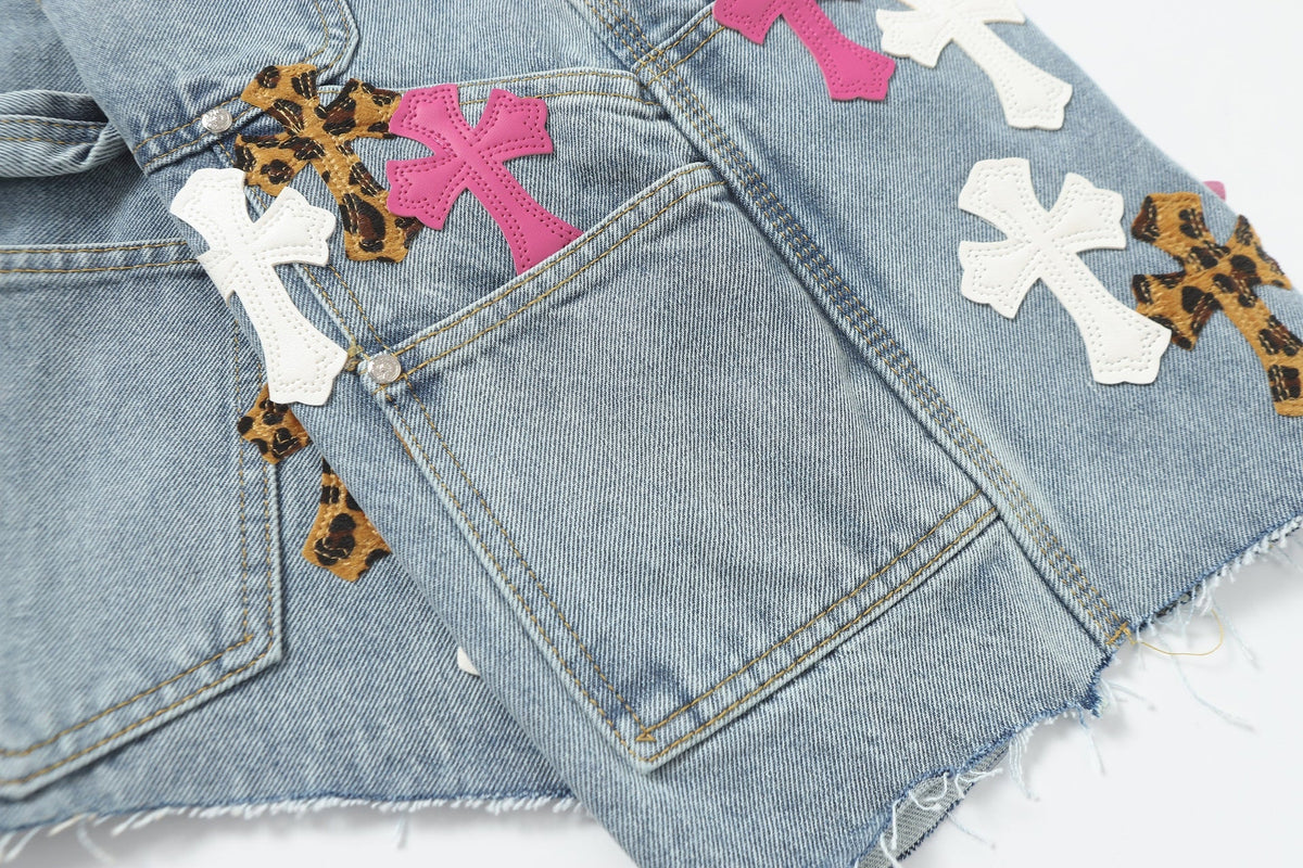 Chrome Hearts Vintage Cross Patchwork Washed Carpenter Denim Shorts 201